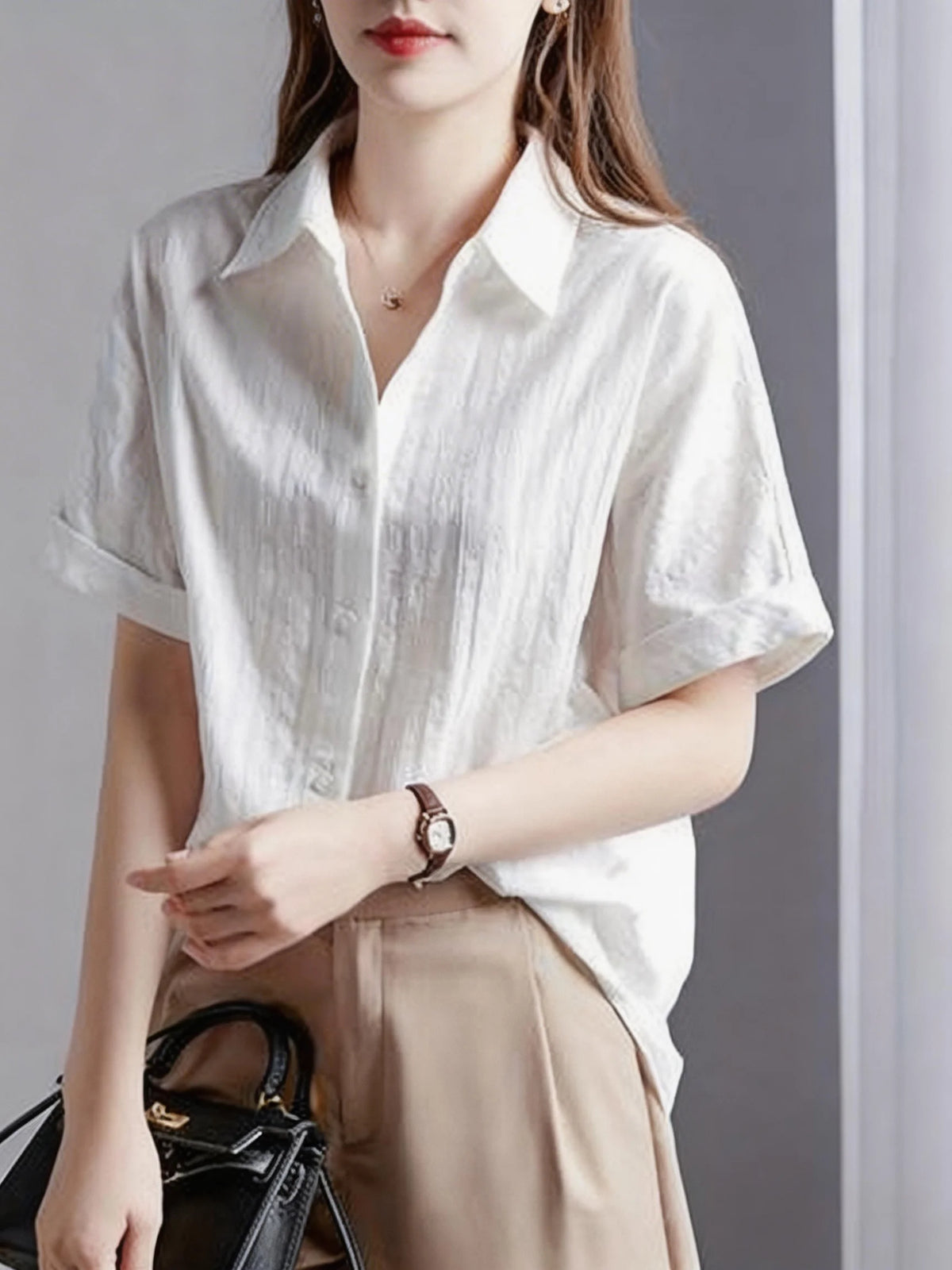 Women's Casual White Blouse, Short Sleeve V-Neck Shirt, Business