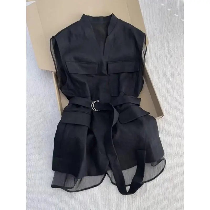 Korean Summer 2025 Black Sleeveless Vest Tops for Women V Neck Slim