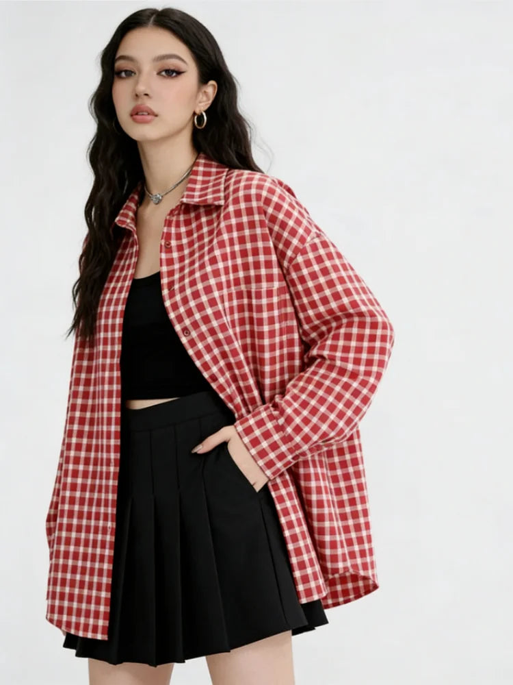 2025 Y2k Autumn Women New Vintage Red Plaid Turn-down Collar