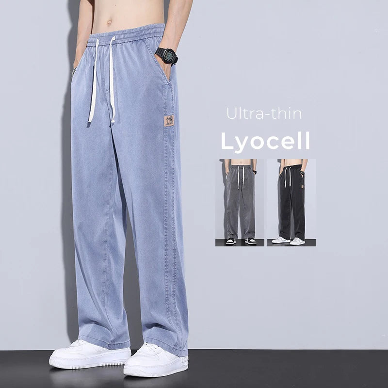 New Summer Thin Soft Lyocell Fabric Jeans Men Baggy Straight Wide Leg