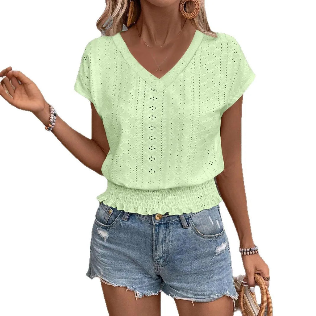 2025 Spring Summer New Fashion Blouses Solid V-Neck Jacquard