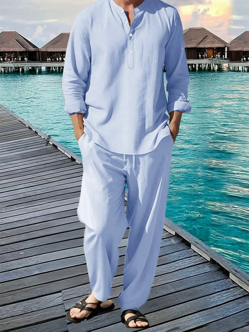 New Long Sleeve Henley Shirt Pants Suit Men Lightweight Breathable