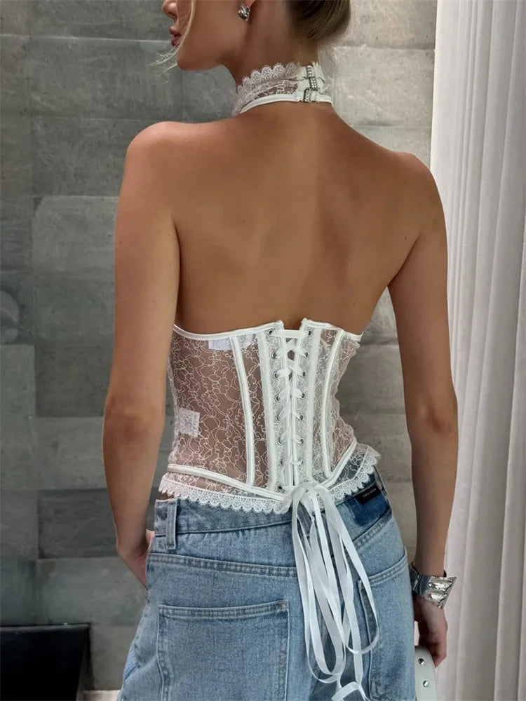 Tossy Summer White Lace Tank Top Women See-Through Printed High Waist