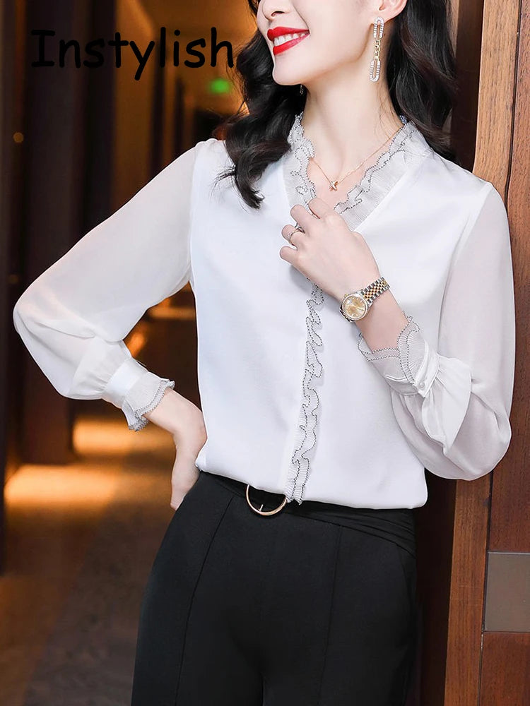 Elegant Women Chiffon Shirt Korean Blouse Office Lace Mesh Long Sleeve