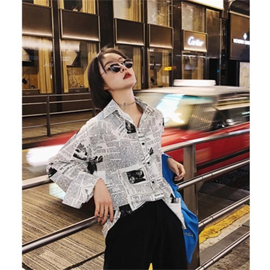 Trendy Shirt Blouse Simple Thin Newspaper Print Shirt Summer Loose