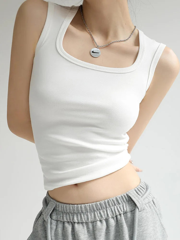 Solid U Neck Ribbed Camisole Summer Basic ElasticWomen
