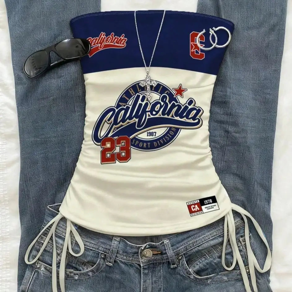 cropped top  ，Women's Summer Drawstring Tie Front Cutaway Tapered Tank