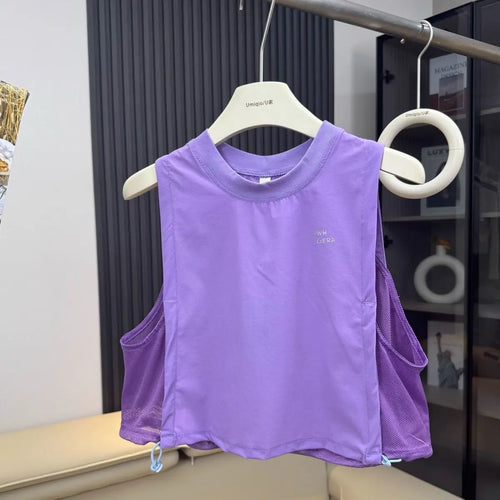 Women Hollowed Mesh Sports Vest Patchwork Ruffle Hem Sleeveless Loose