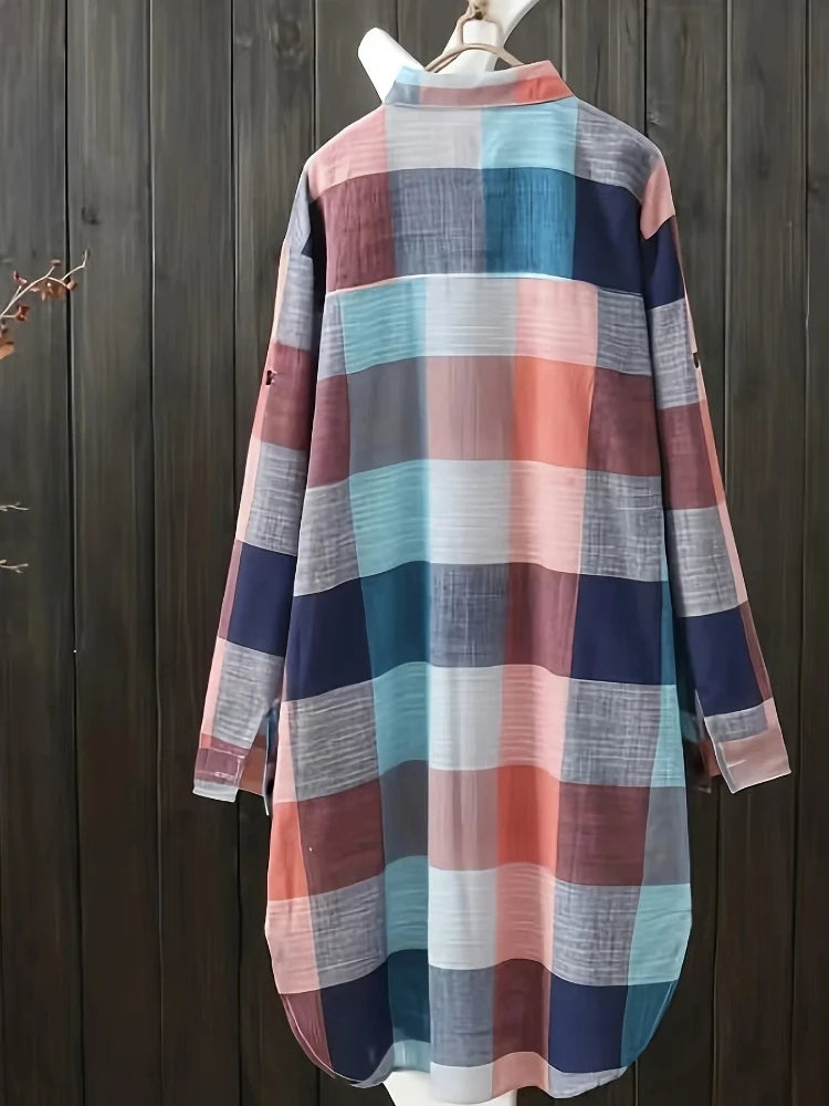 Plus Size Women's Blouses 2025 New Loose Vintage Stripe Plaid Shirt