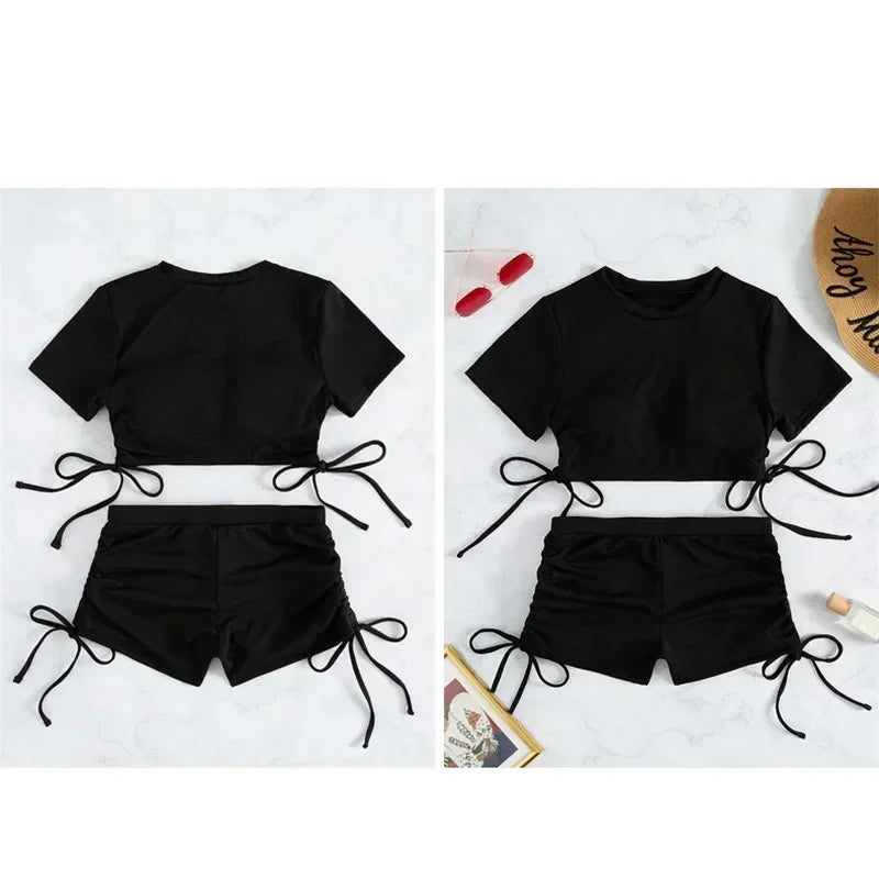 Crop Top Shorts Bottom Swimsuits Women Black Drawstring Swimwear
