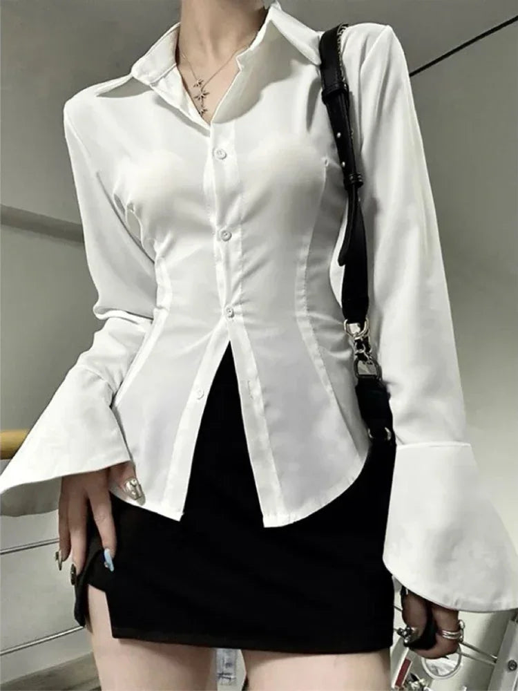 Sexy Slim Flared Sleeve Women's Shirt Solid Lapel Single-breasted Back