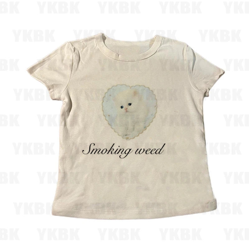 Y2k T-shir Kitty Cat Print Women Clothing Gothic Emo Cropped Harajuku