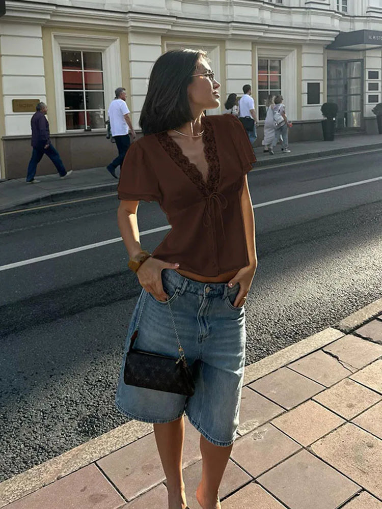 CNYISHE Lace Patchwork Solid Short Sleeve Tops for Women V Neck Sheath
