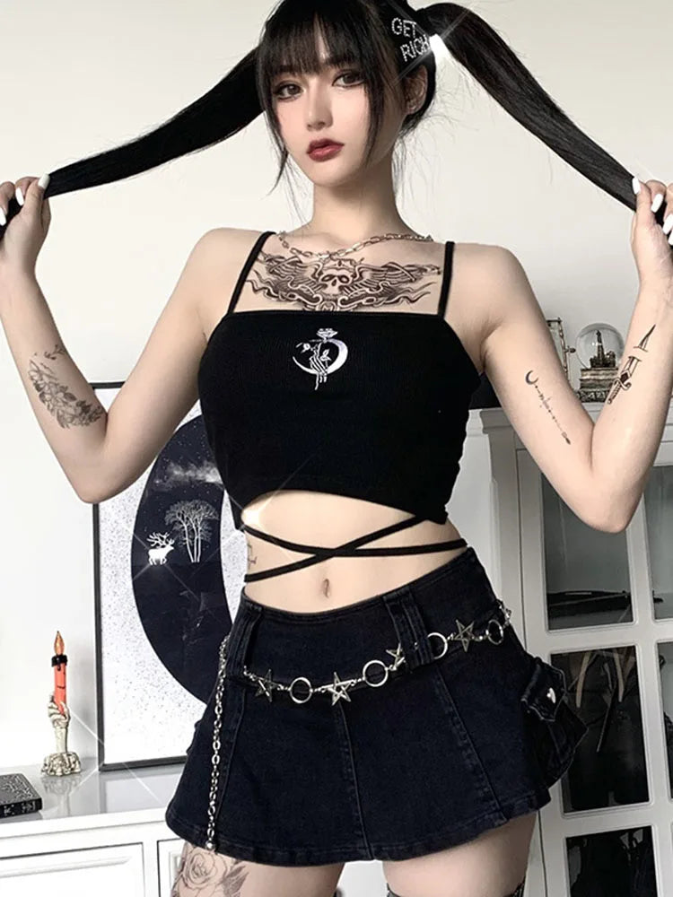 Gothic Women's Print Suspender Sleeveless Square Neck Slim Crop Top