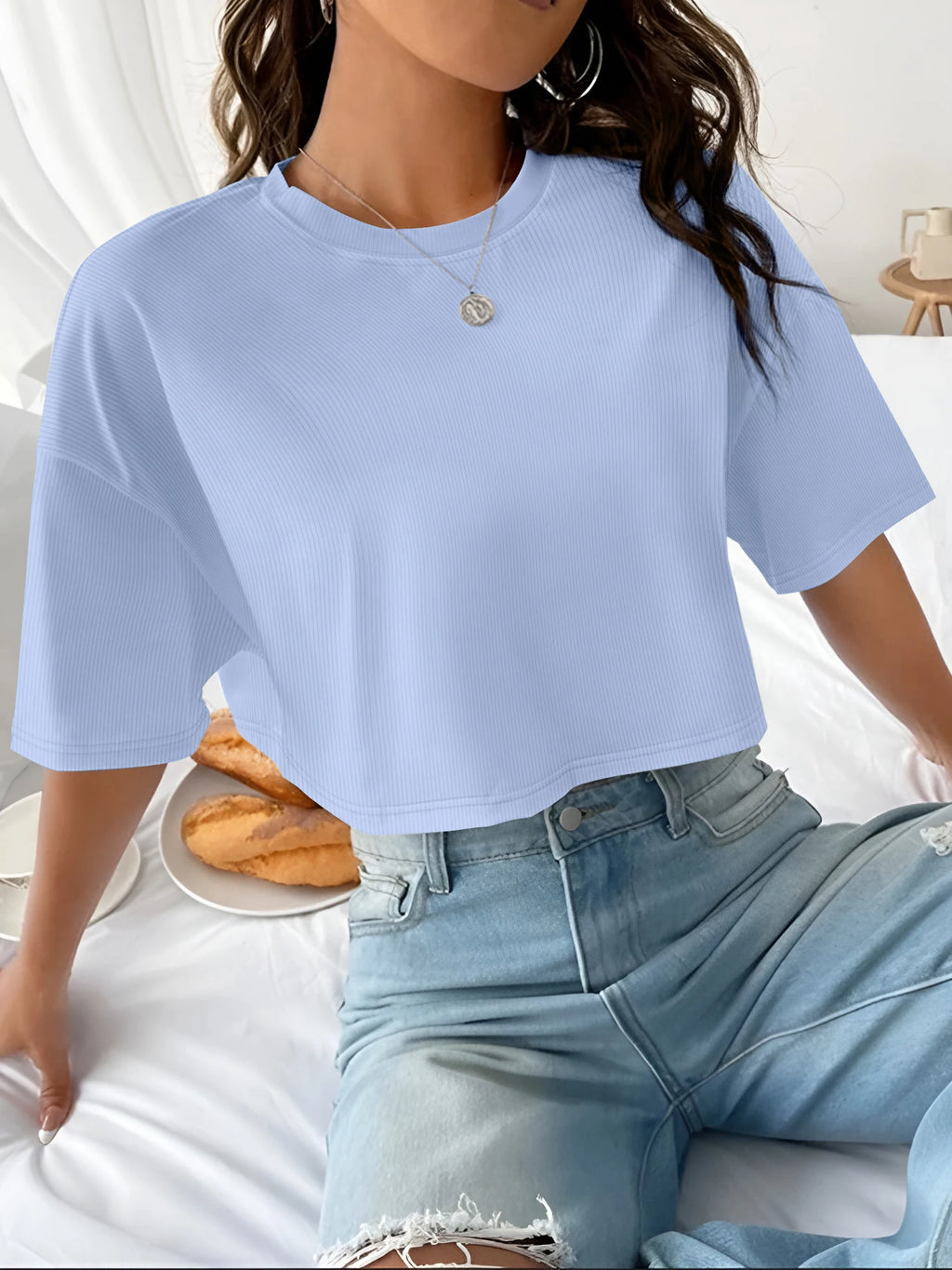 Women's Boxy Fit Ribbed Crop Top Crew Neck Short Sleeve Tee Y2K