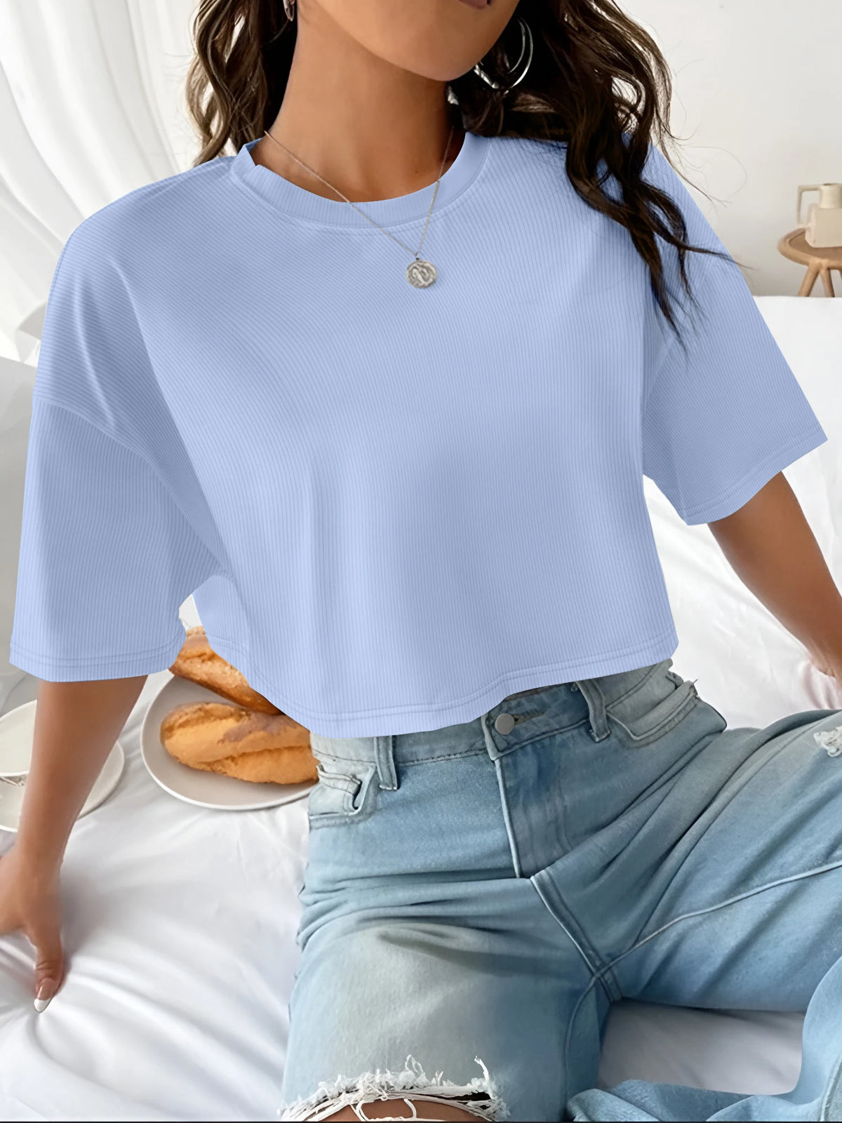 Women's Boxy Fit Ribbed Crop Top Crew Neck Short Sleeve Tee Y2K