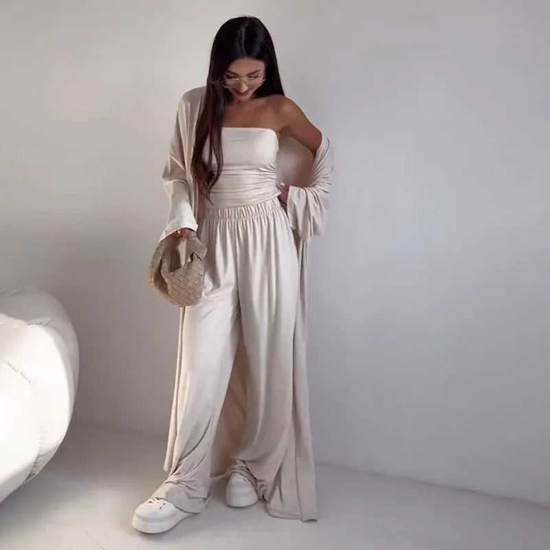 Women Pants 3 Piece Sets Cardigan Strapless Crop Top Straight Trousers