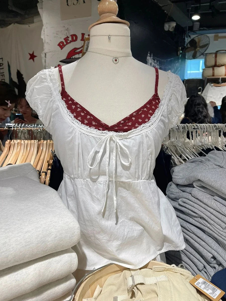 Sweet Lace-up Camisoles Blouse Women Summer Lace Trim Square Collar