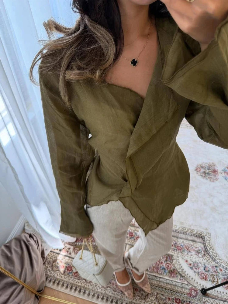 Casual Solid Linen-cotton Shirt Women Chic V-neck Single Breasted