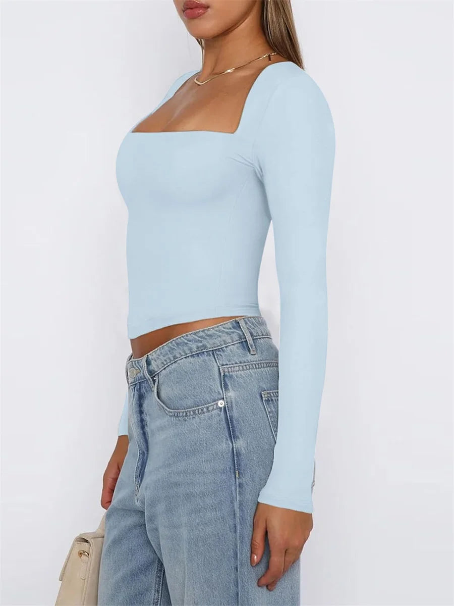 Women's Slim Fit Crop Tops Fashion Long Sleeve Square Neck Solid Color