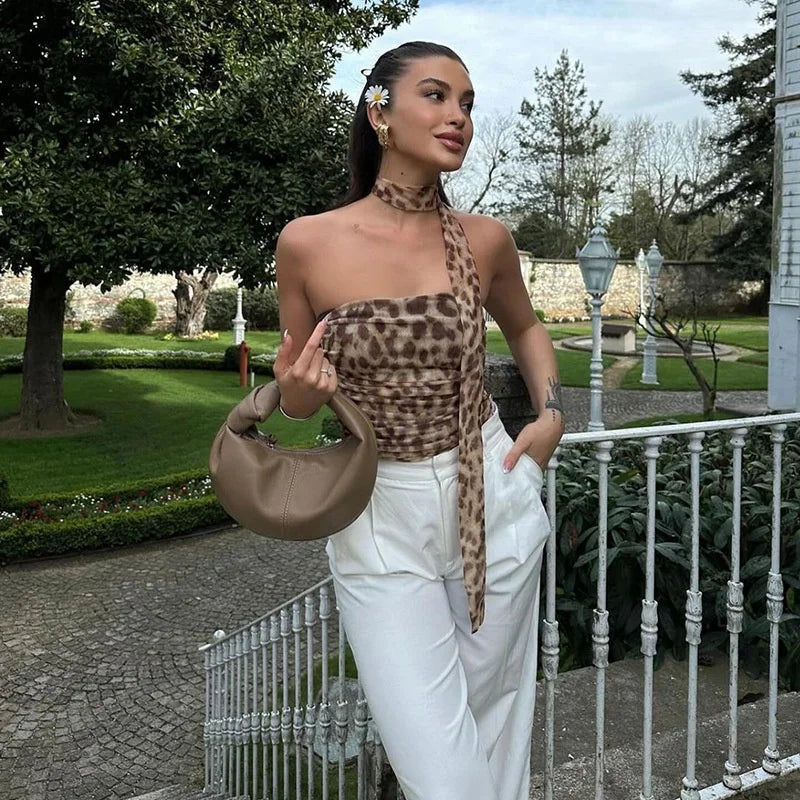 Women Tulle Leopard Print Top with Bandeau Off-the-shoulder