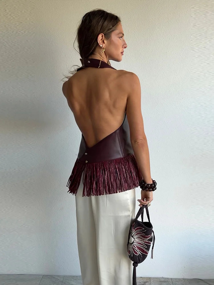 Sexy Women's Tassel PU Leather Vest Backless Sleeveless Button Halter