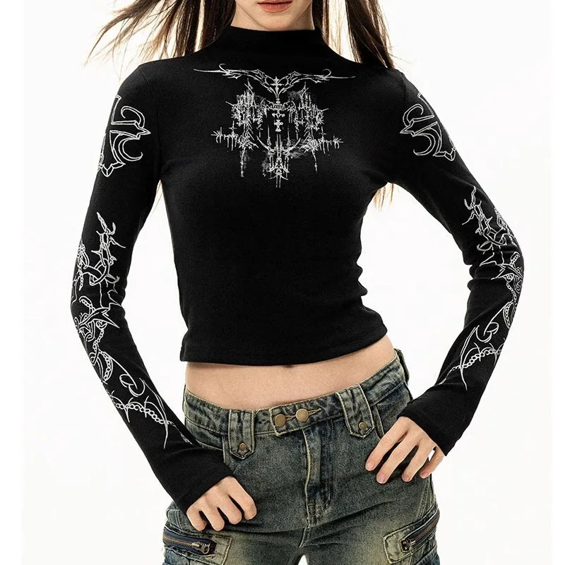 Grunge Women T-Shirt Y2k Aesthetics Half high neck Tees Graphical