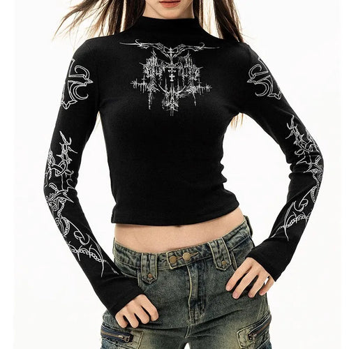 Grunge Women T-Shirt Y2k Aesthetics Half high neck Tees Graphical