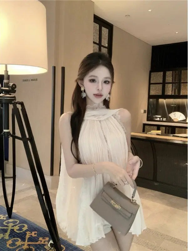 Chiffon Shirt Lace Patchwork Ribbon Hanging Neck Top Women 2025 Summer