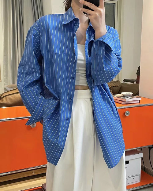 Spring/Summer Women's Striped Polo Neck Long Sleeve Pocket Decoration