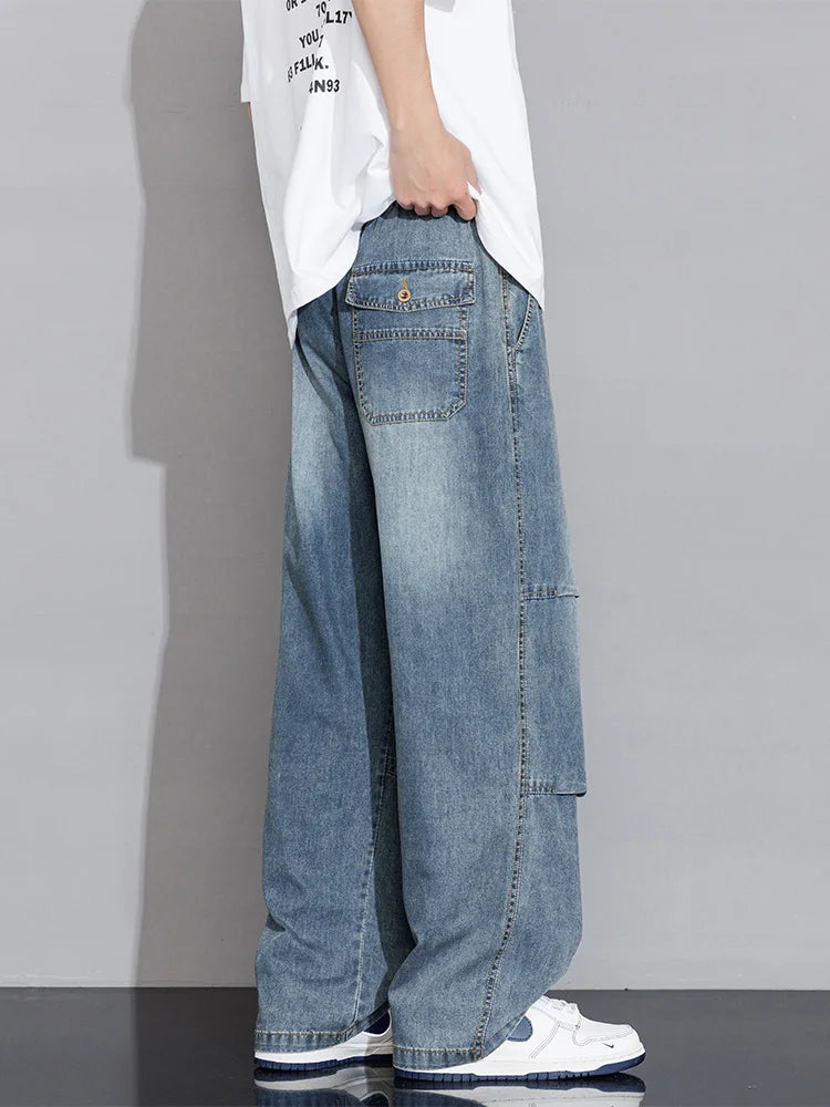 Men's Cargo Jeans 2026 New Spring Summer Wide Leg Denim Pants Straight