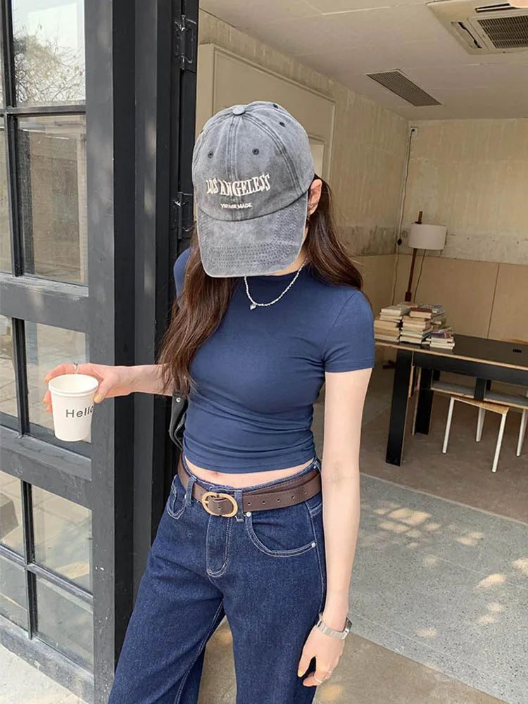 Basic Solid Crop Top Short Sleeve Crewneck Skinny T-shirt Summer