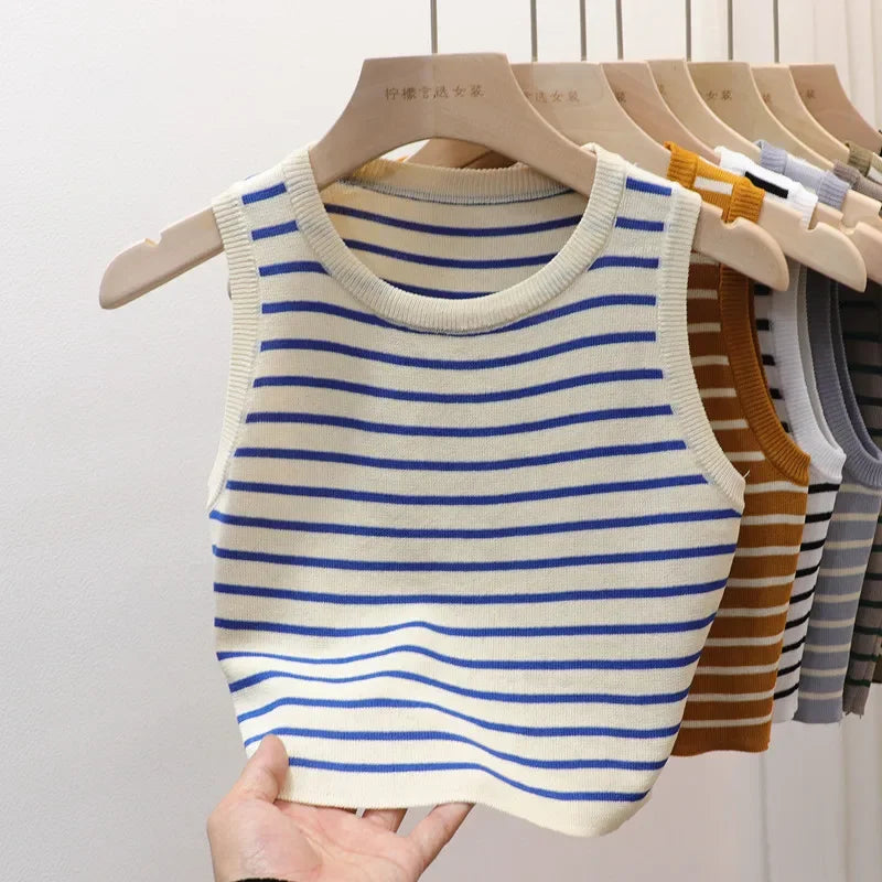 Summer Spring Striped Tank Tops Women Sleeveless Knitted T-Shirts Crop