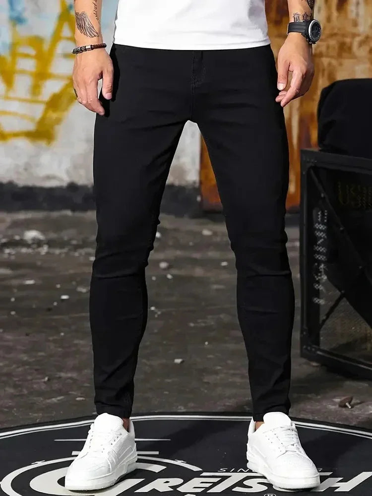 Mens Classic Style Pants Pure Color Stretch Jeans Street Casual Slim