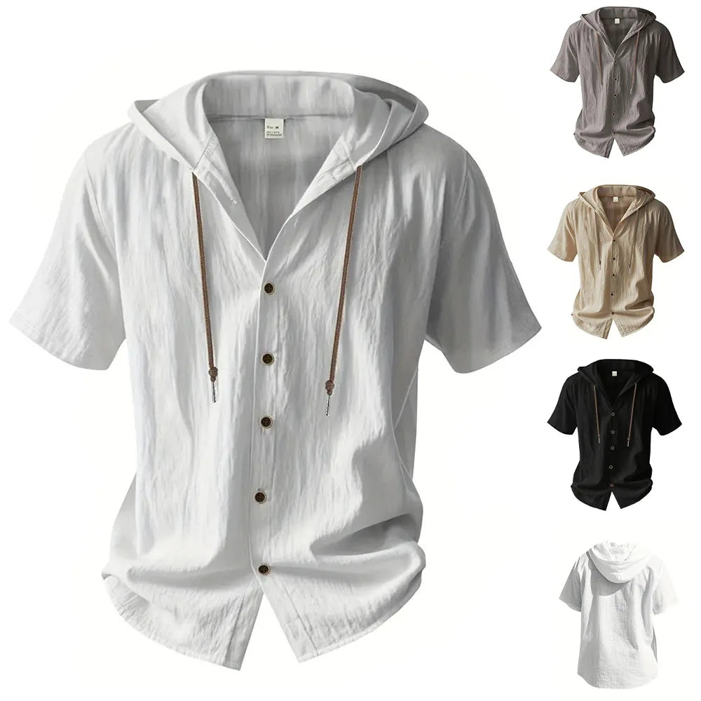 Cotton Linen Shirt for Men Hooded Short Sleeve Solid Color Breathable