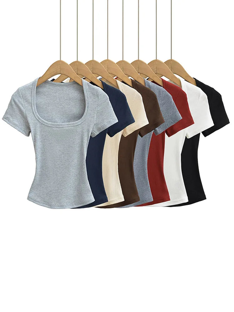 Square Collar High Stretch Summer Crop Tops Women Short Sleeve Tops