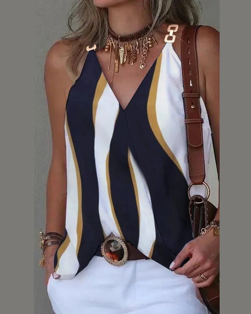 Women's Blouse White Shirts & Blouses Print Sleeveless Tops Loose V