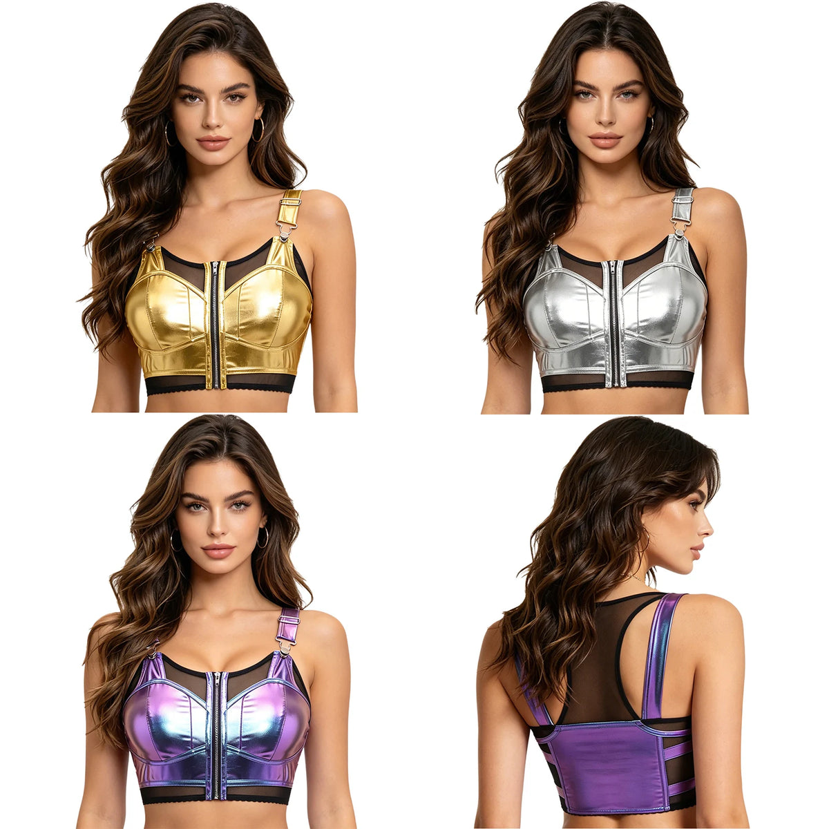 Women Metallic Shiny Punk Style Vest Crop Top Sheer Mesh Adjustable