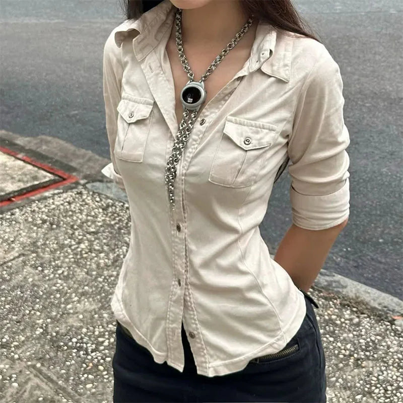Half Sleeve Button Up Shirts for Woman Clothing Japanese 2000s Style