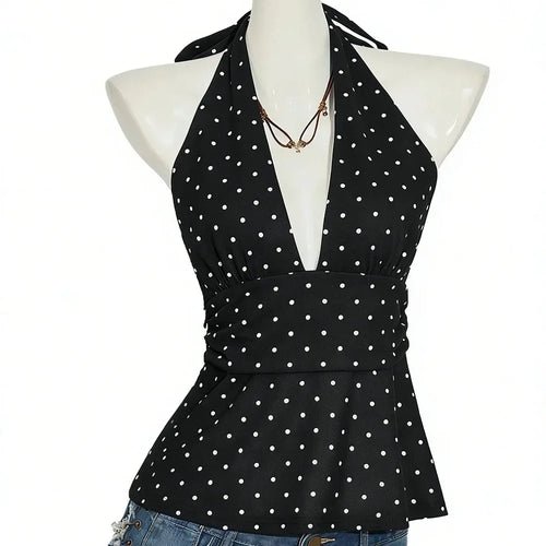 Fashion Sleeveless Women Crop Top Pleated Deep V Neck Halter Ruffle