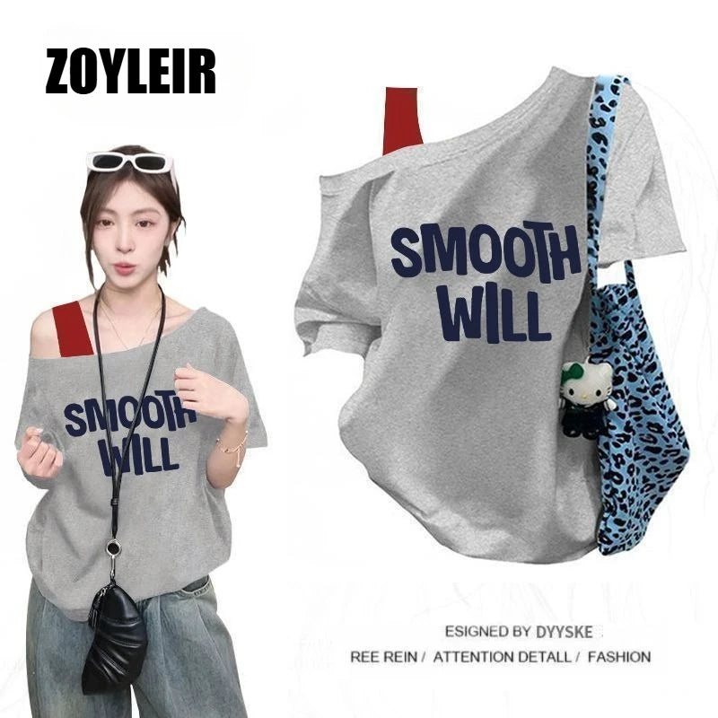 Elegant Summer One Shoulder T Shirt Women Fake Two-piece Oversize