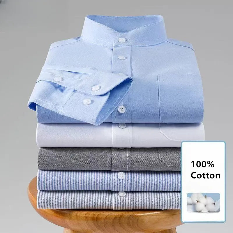 100% Cotton Oxford Mens Dress Shirts Long Sleeve Basic Stand Collor