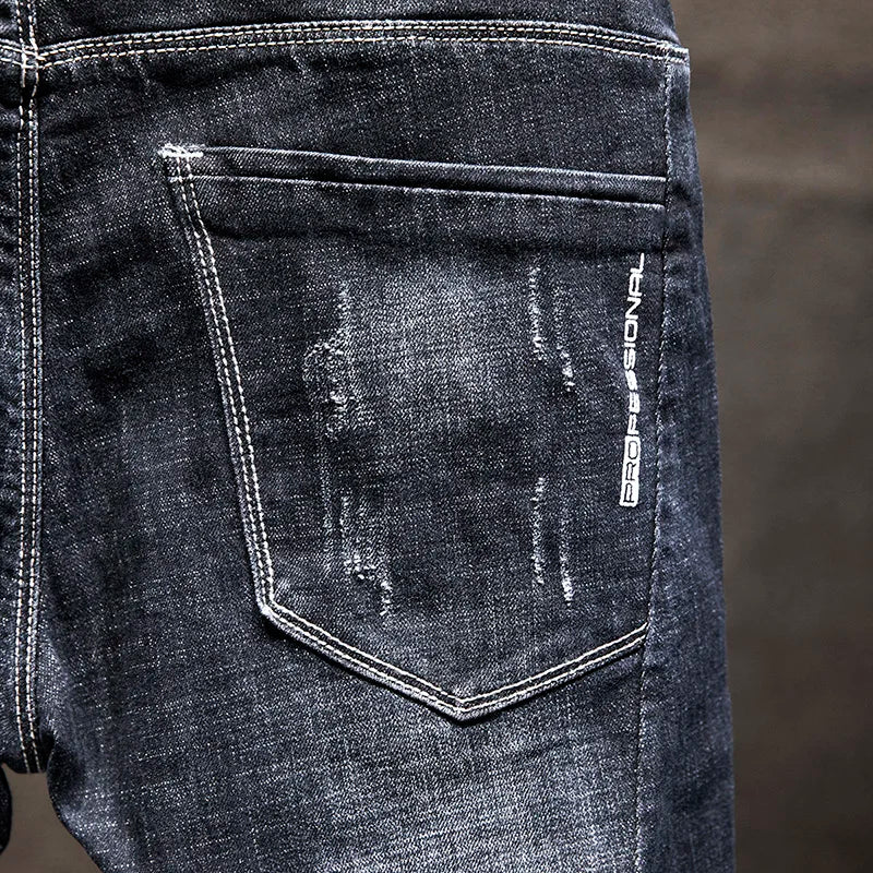 2025 Summer New Ripped Jeans Men Slim-fit Denim Pants Cotton Korean