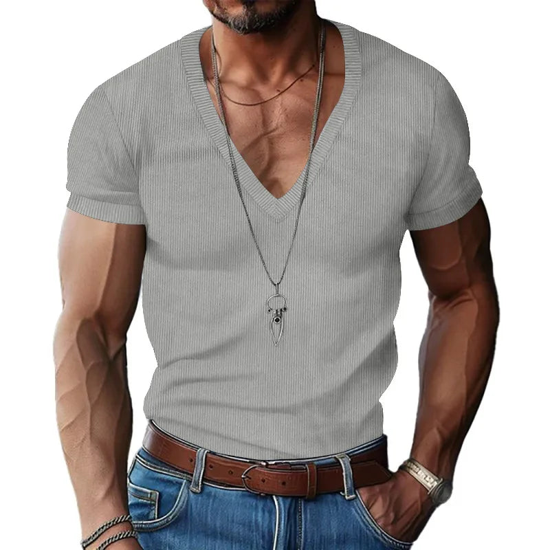 Men's Corduroy European and American Summer Men's V-Neck Solid Color