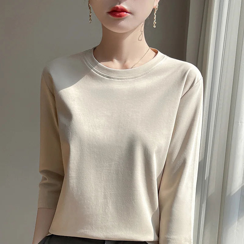 Summer Cotton Short-Sleeved T-Shirt Women's Round Neck Seven-Point