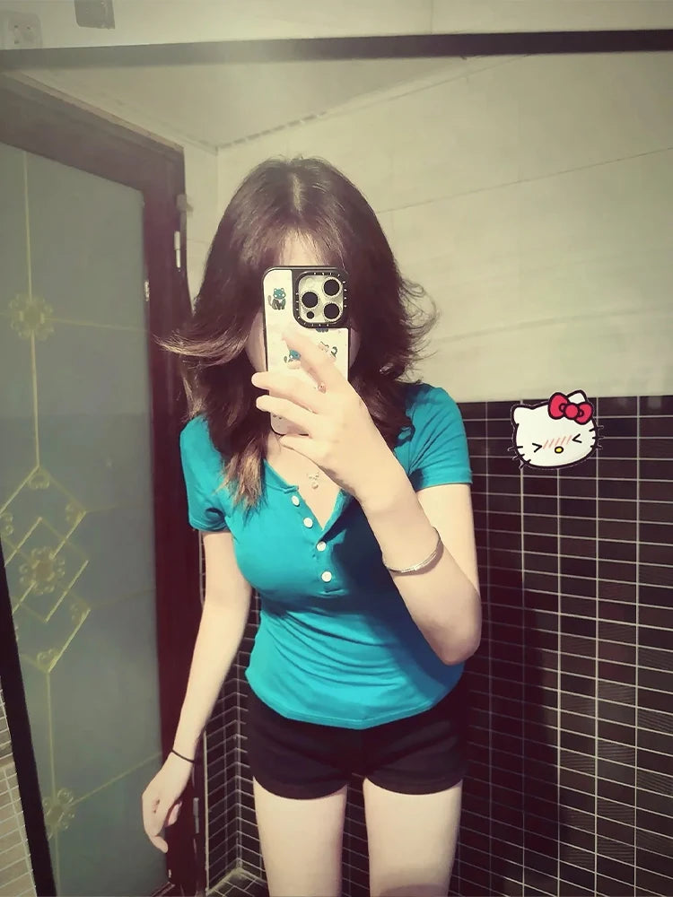 Teal Henley Top Women Short Sleeve Slim Fit V Neck Button Down Y2K