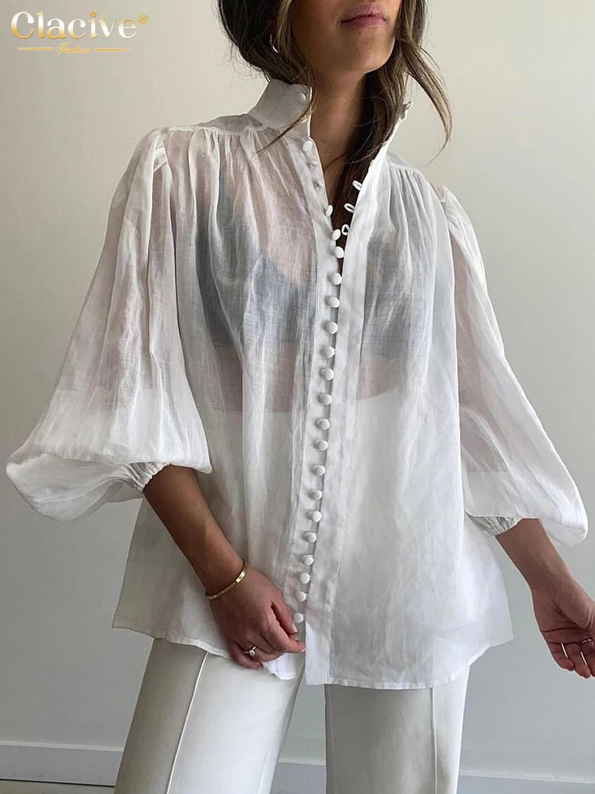 Clacive Fashion White Cotton Woman Blouse 2024 Elegant Stand Collar