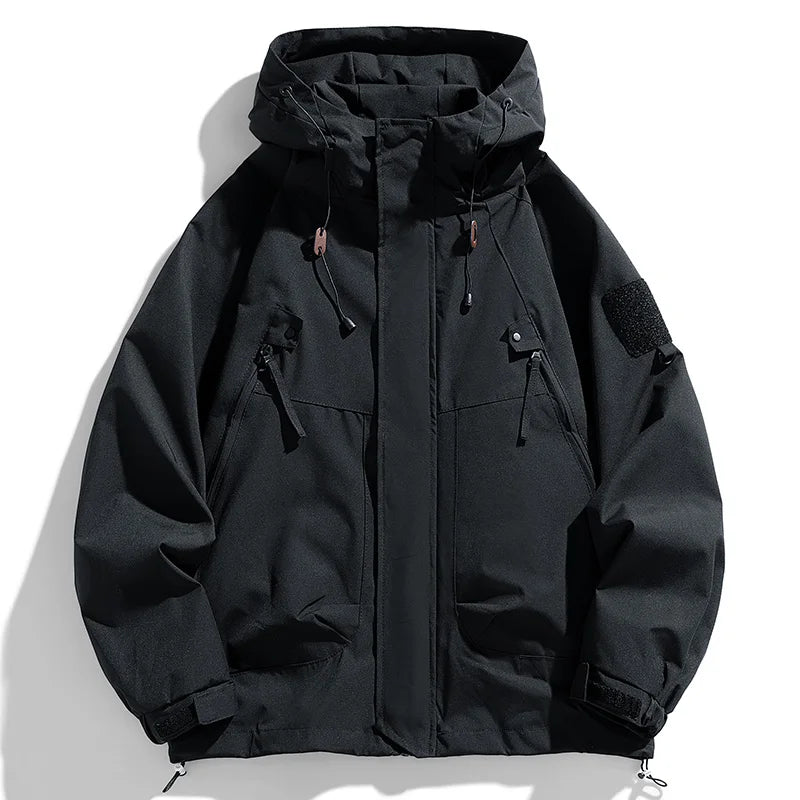 Windbreakers Men Hooded Jacket Zipper Coat Cargo Waterproof Black
