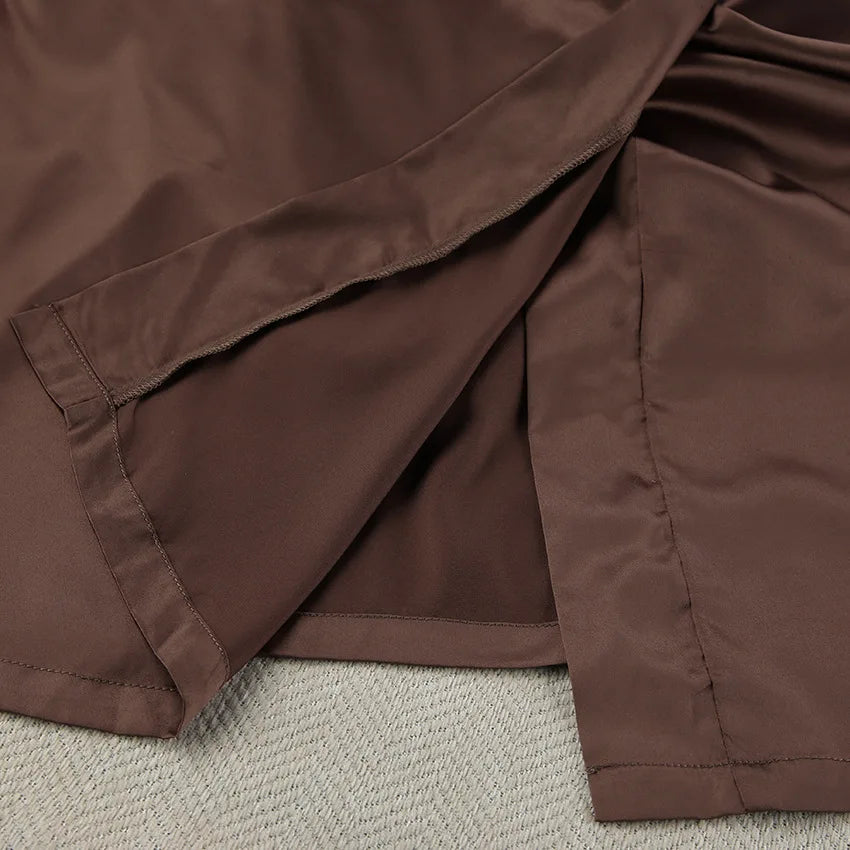 Elegant Brown Satin Nightgown 3 Piece Fashion Crop Top Vest Long