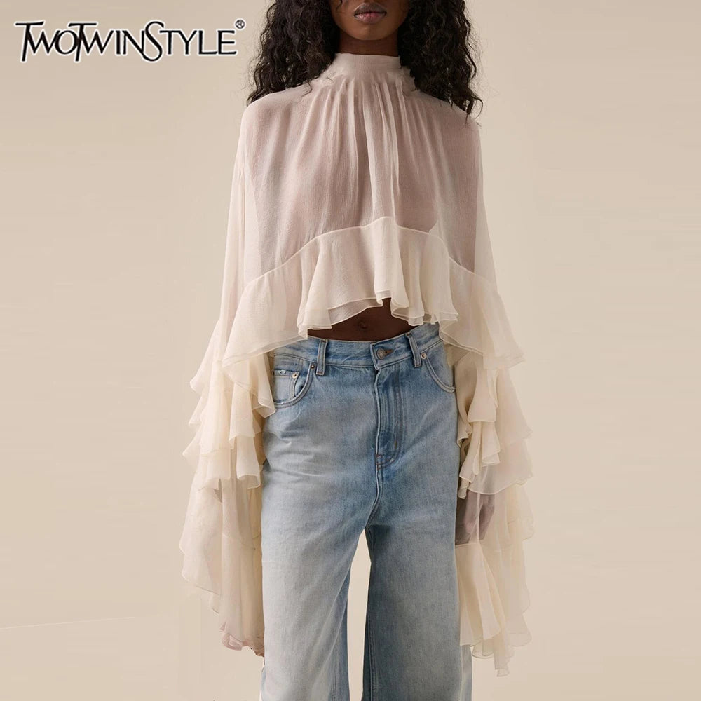 TWOTWINSTYLE Solid Loose Sheer Blouses for Women High Neck Long